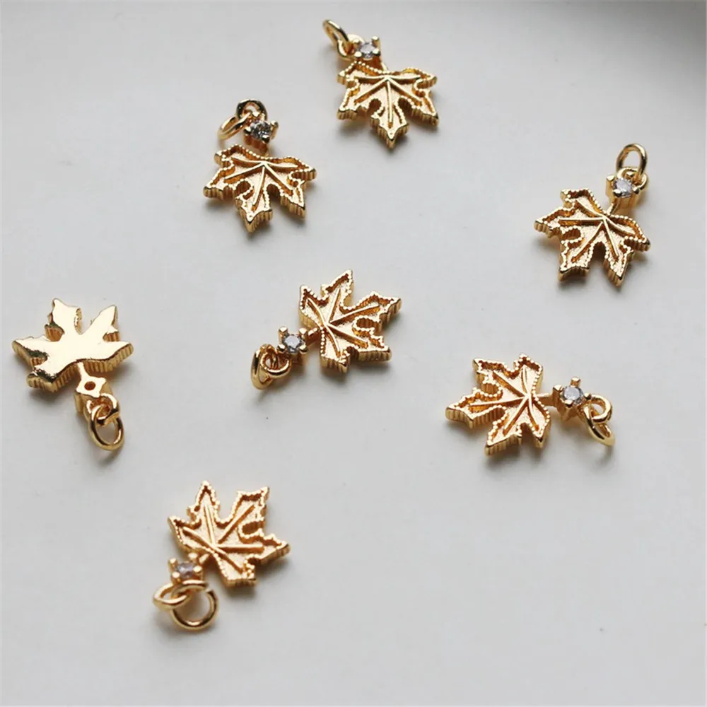 14K Gold-wrapped Zircon Maple Leaf Pendant, Handmade Material, Hanging Earrings, DIY Handmade Jewelry, 10x15mm