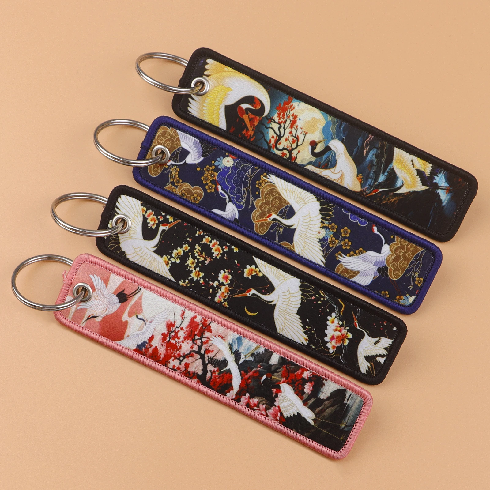 Famous Crane Painting Keychain for Cars Backpack Key Holders Fashion Embroidery Key Tag Jet Tag Accessories 1pc