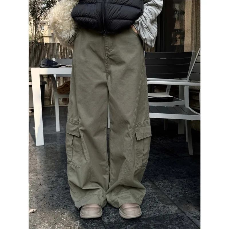 

Johnature New Korean-style Retro Workwear Solid Color Large Pocket Jeans Spring Casual Loose Wide-leg Pants For Women