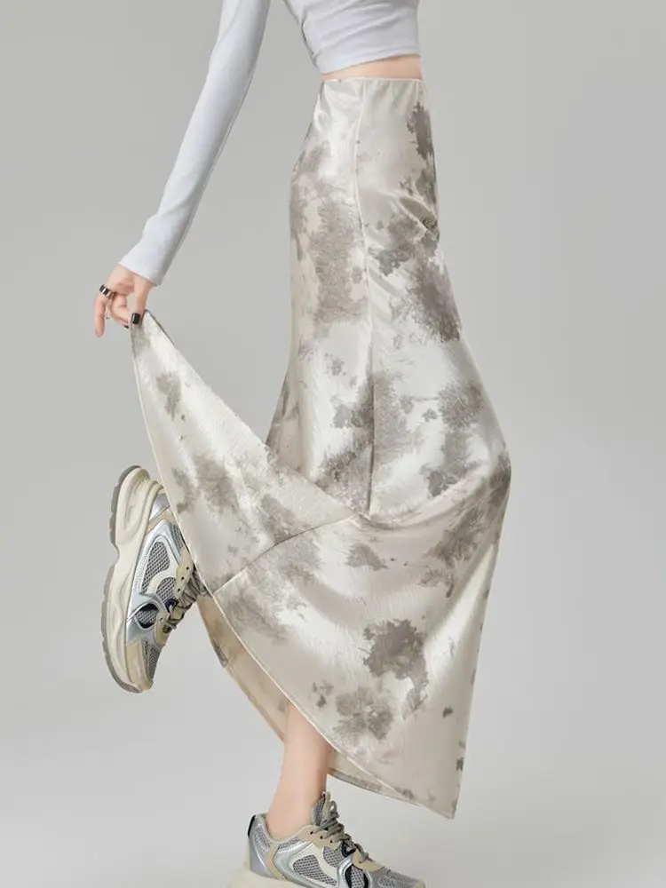 Elegantพิมพ์ผ้าไหมกระโปรงยาวผู้หญิง 2025 เกาหลีแฟชั่นY2kเสื้อผ้าFaldas Largas CasualสายสีดําMidiกระโปรงHarajuku