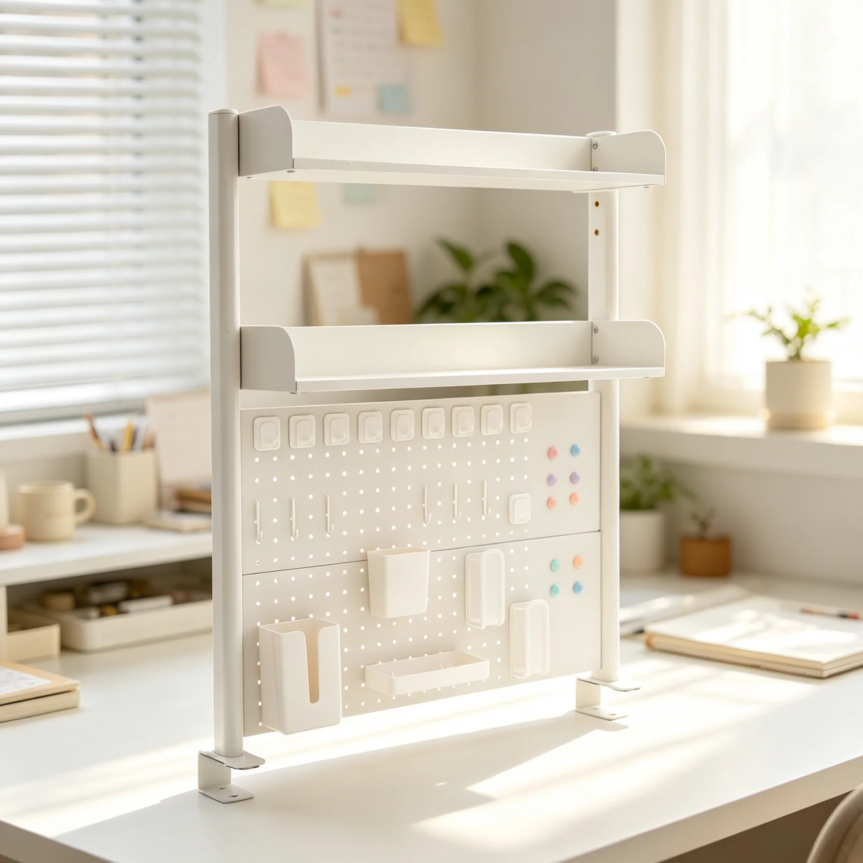 Aufklappbares Schreibtisch-Organizer-Regal aus weißem Stahl und MDF, modernes Desktop-Bücherregal, erfordert Selbstmontage für die Aufbewahrung am Schreibtisch im Home-Office.