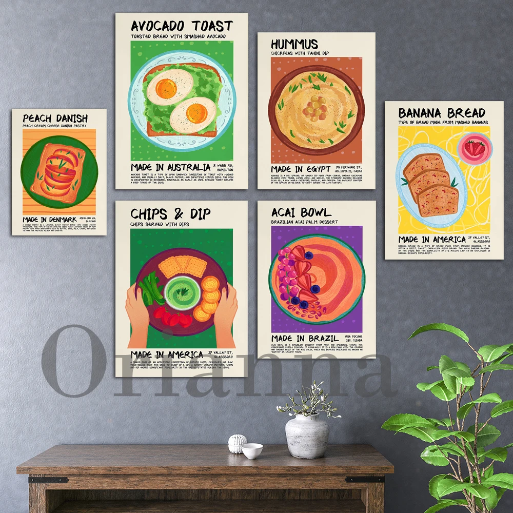 Avocado Toast Banana Bread Chips Dip Hummus Açaí Bowl Peach Danish Pastry Food Poster Retro Wall Art Modern Kitchen Decor Print