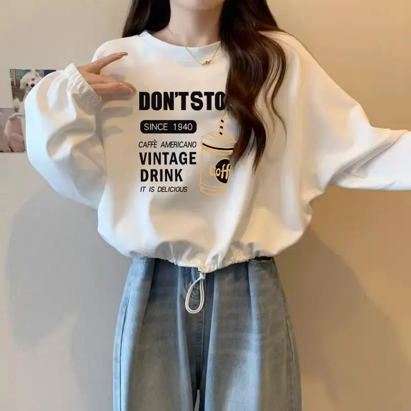 

Женские весенне-осенние короткие белые толстовки с надписью, новинка 2025, женский повседневный пуловер с круглым вырезом и длинными рукавами, повседневные женские топы