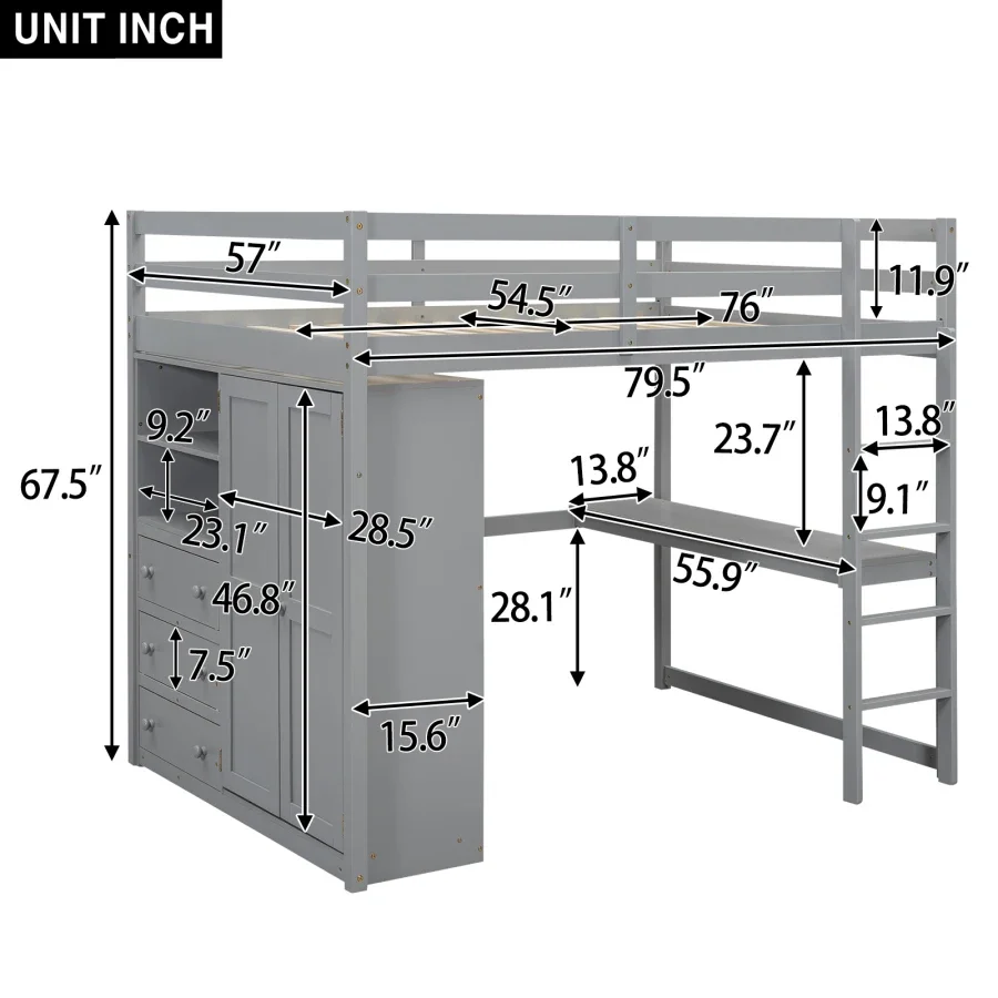 Desk Design Large Space Wood Full Size Loft Bed with Built-in Wardrobe, Desk, Storage Shelves and Drawers, White/Gray