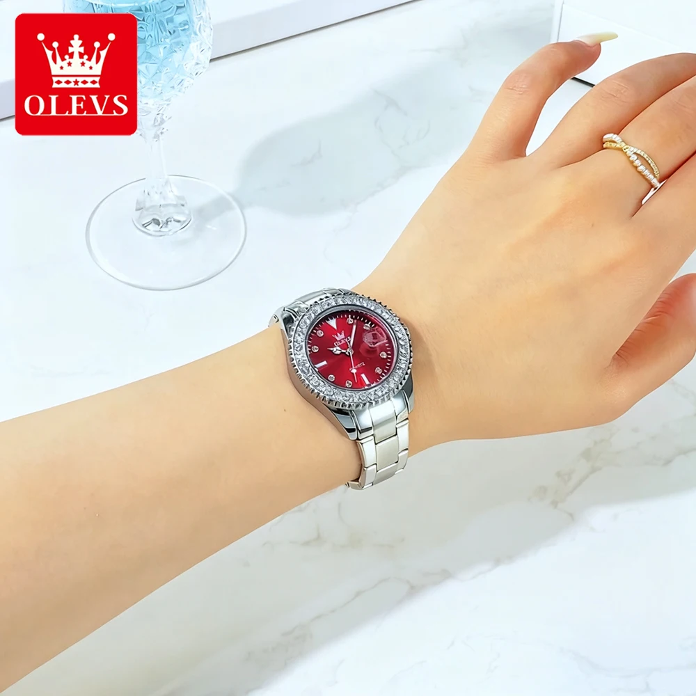 OLEVS модные женские часы, роскошные оригинальные кварцевые наручные часы из тонкой стали для женщин, водонепроницаемые, со светящейся датой, циркониевый безель 9945