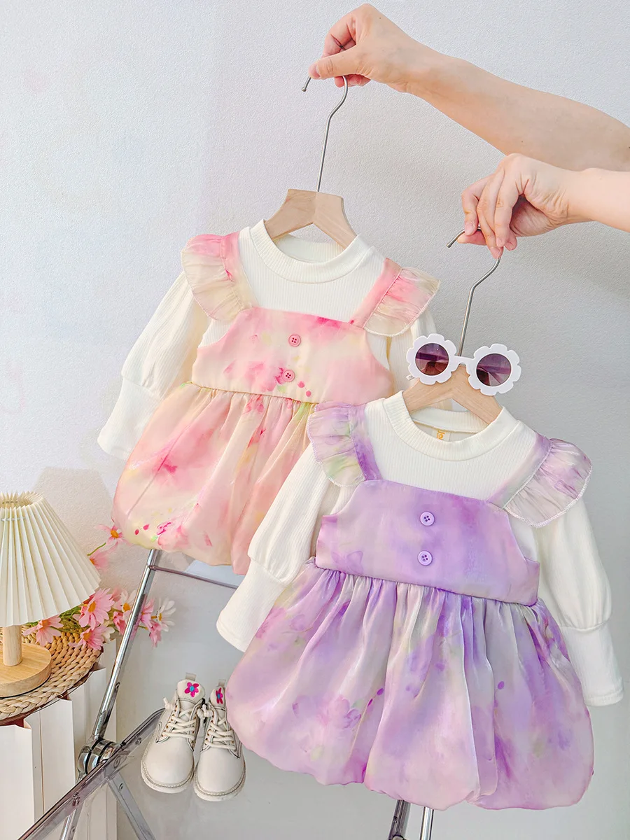 

Одежда для маленьких девочек, весенне-осеннее детское платье с бабочкой и цветочным узором в стиле тай-дай, милое повседневное платье для маленьких девочек