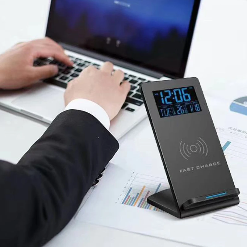 Desk Clock With Time/Temperature Display & Wireless Charging Pad Dock For IOS & Android,For Bedroom,Home & Office