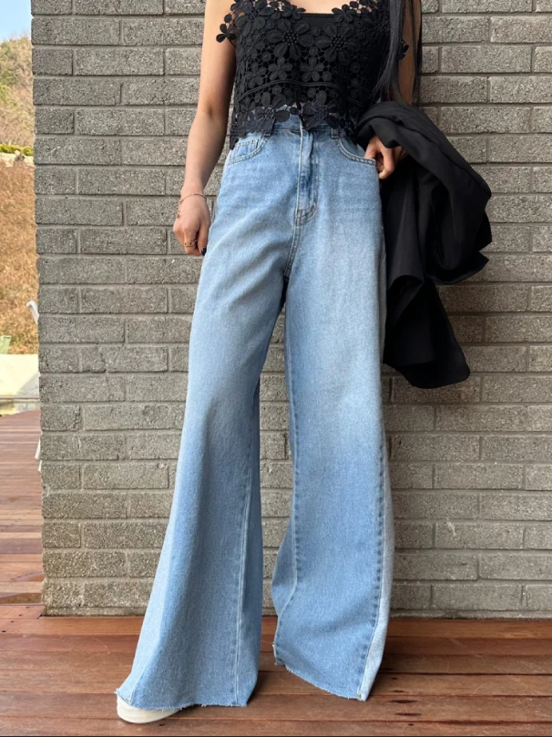 

High Waist Loose Fit Color Block Denim Jeans Women's Retro Straight Leg Long Trousers with Pockets Micro Flared Trendy Jeans