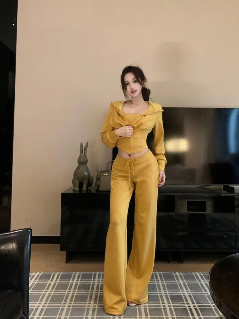 

Hot Girl Yellow Zipper Hoodie Jacket Tube Top Vest Women Spring Set Micro Flared Casual Pants Three Piece Set Casual Style
