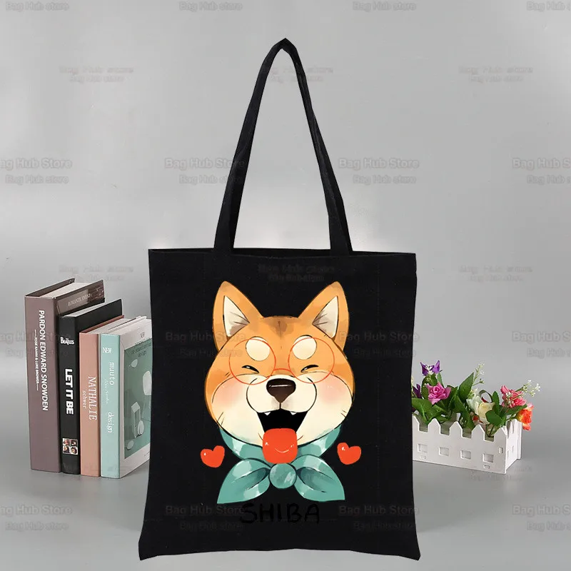 Bolsa de Lona Preta Shiba Inu Grande Capacidade para Mulheres, Grandes Bolsas de Mão Casuais para Senhoras, Japonesas, Bonitas, Cachorro Kawaii, Bolsa de Compras