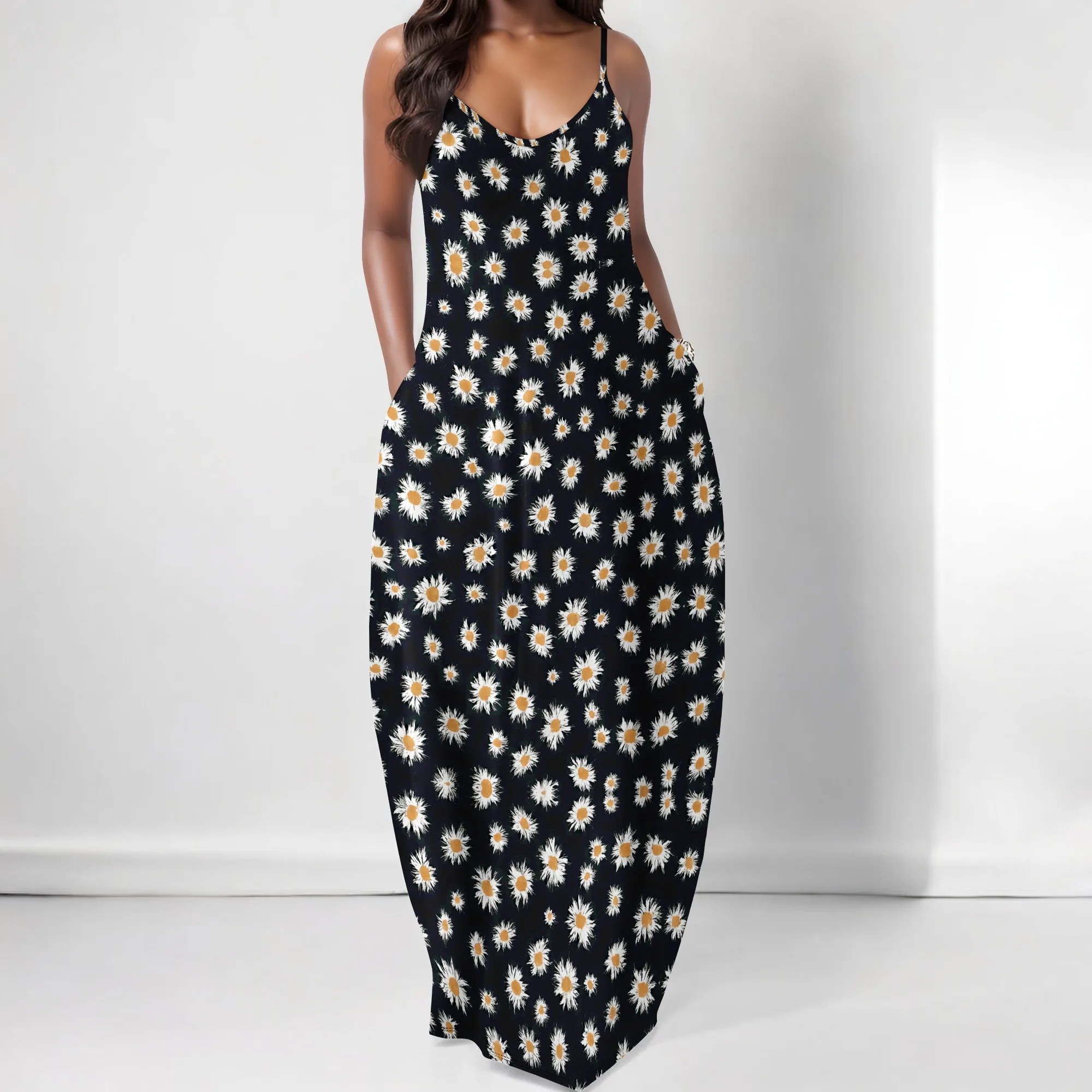 

S-3XL Women Summer Daisy Print Maxi Dress Casual Loose Spaghetti Strap Long Sundress with Pockets Beach Vacation Outfit