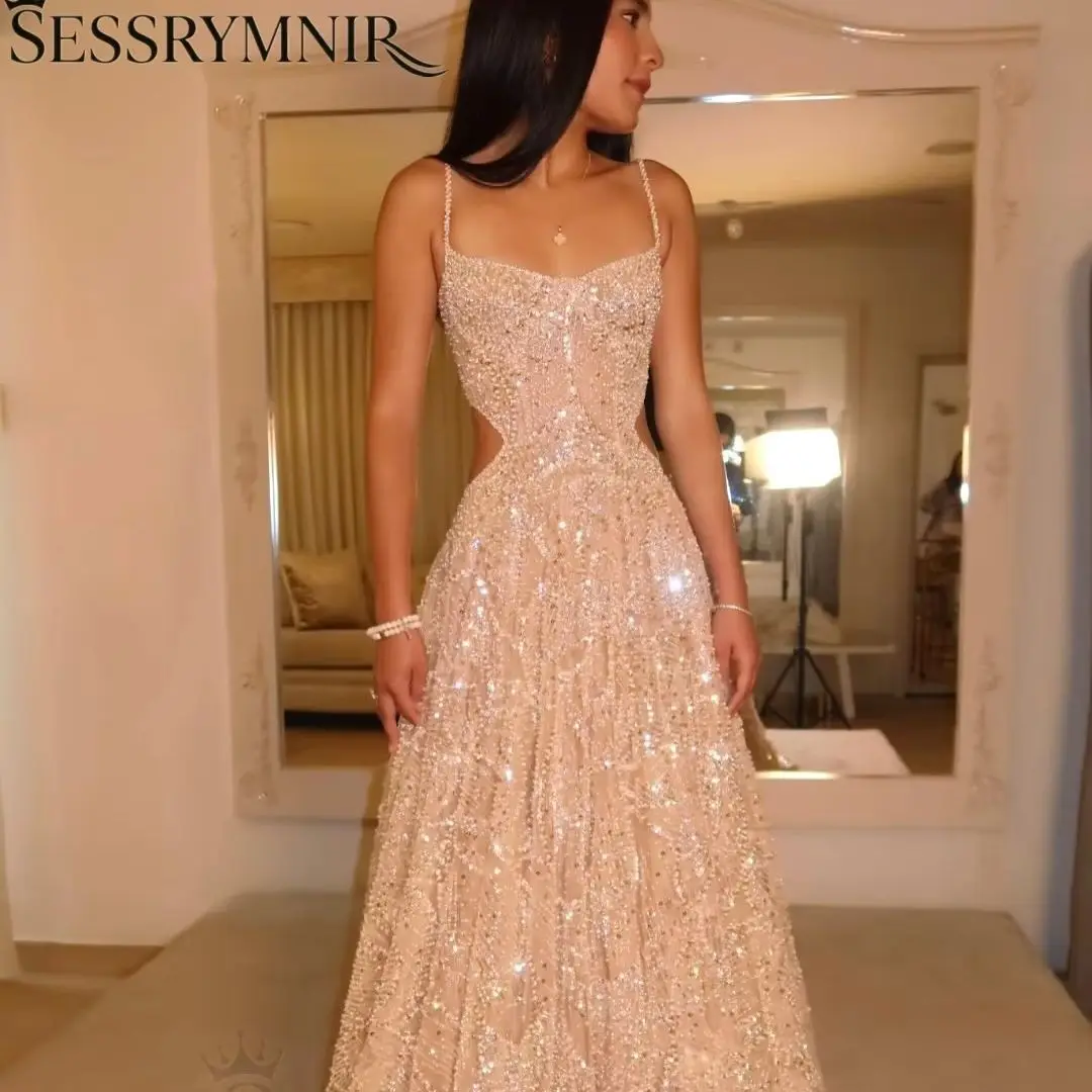 

SESSRYMNIR Women'S Formal Evening Gowns Customize A-Line Ruffle Evening Dresses Spaghetti Straps Floor-Length Beaded Sleeveless