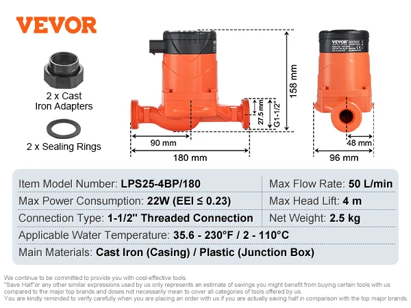 SucceBuy Heetwaterrecirculatiepomp 50/60/67 L/min Hoog rendement automatische pomp 1-1/2 "NPT met schroefdraad voor boilersysteem
