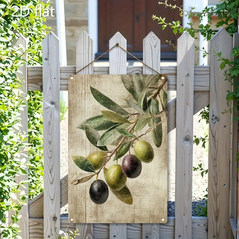 2D Flat - 2D Plane - A Retro-Style Metal Tin Sign with a 2D Plane Design Depicting Olive Branches, Measuring. This Rustic Far