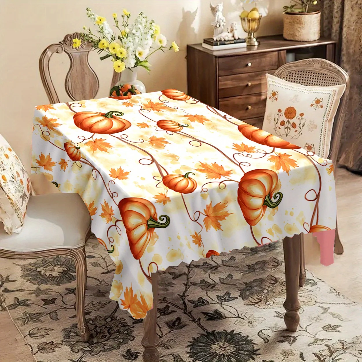 One autumn harvest tablecloth with orange pumpkin and maple leaf pattern - high-quality polyester fiberzyc