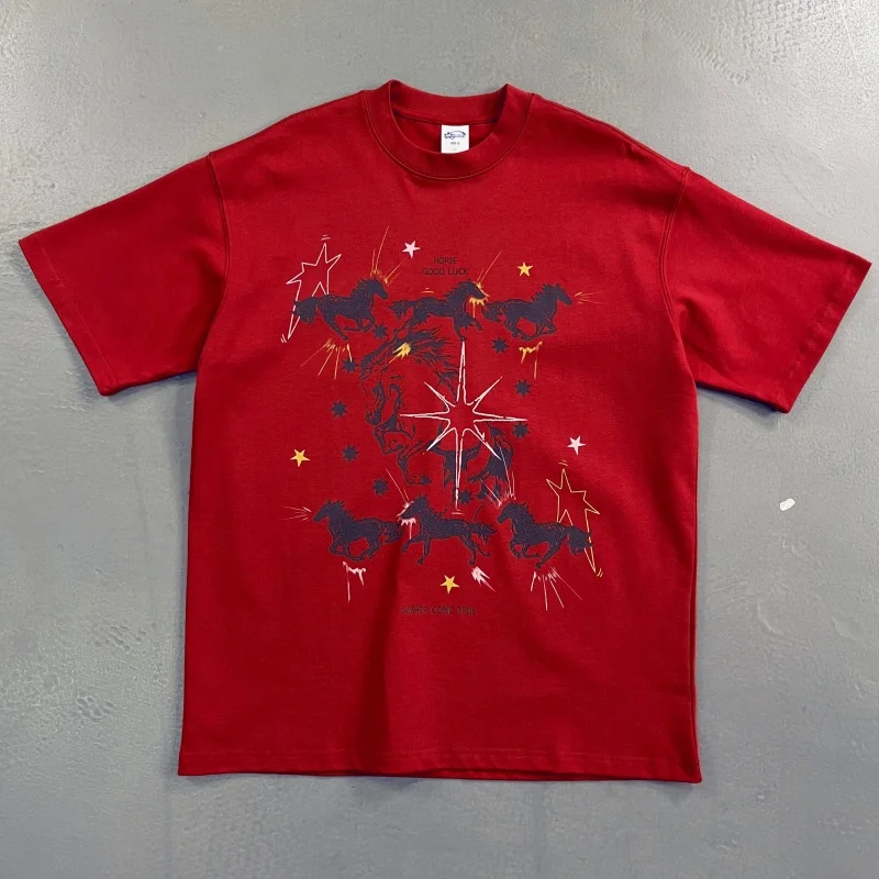 Heavyweight Cotton Red T-Shirt Men Horse Print Oversized Casual Streetwear Lucky Graphic Top