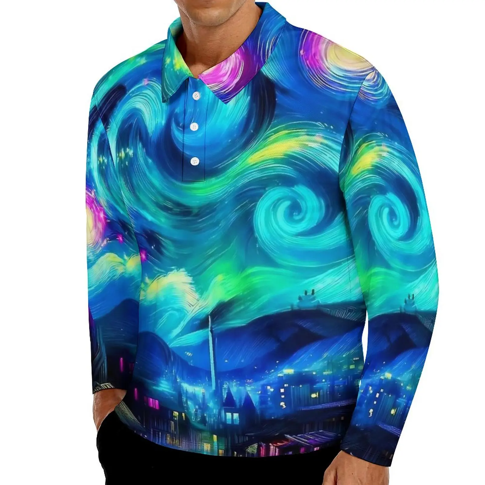 

Starry Night Casual Polo Shirt Neon Swirl Print T-Shirts Long Sleeve Graphic Shirt Autumn Aesthetic Oversized Clothing Gift
