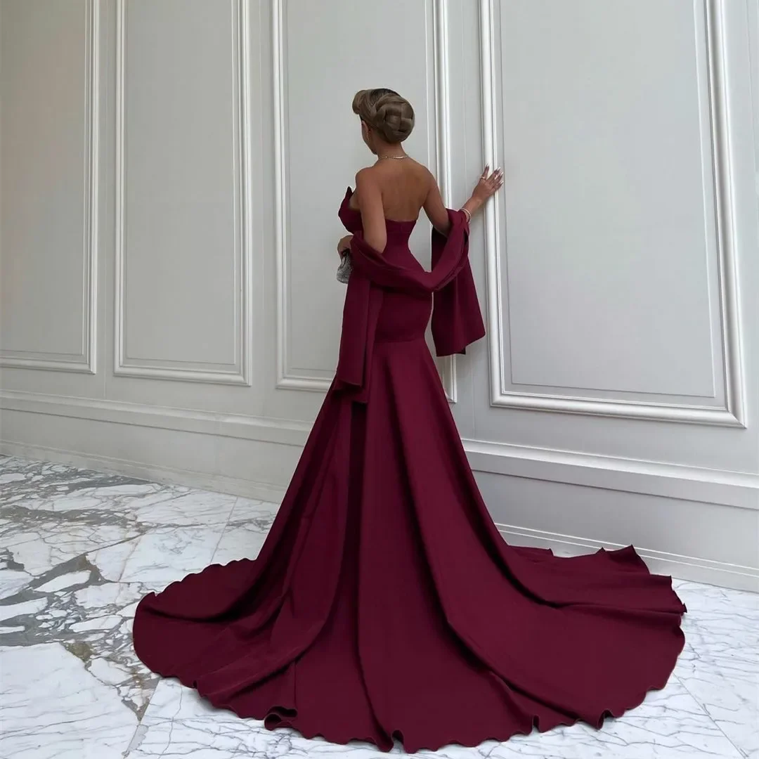 Elegant Long Burgundy Prom Dresses Women Crepe Evening Dresses Mermaid فساتين سهرة Chapel Train Robe de soirée Party Gowns