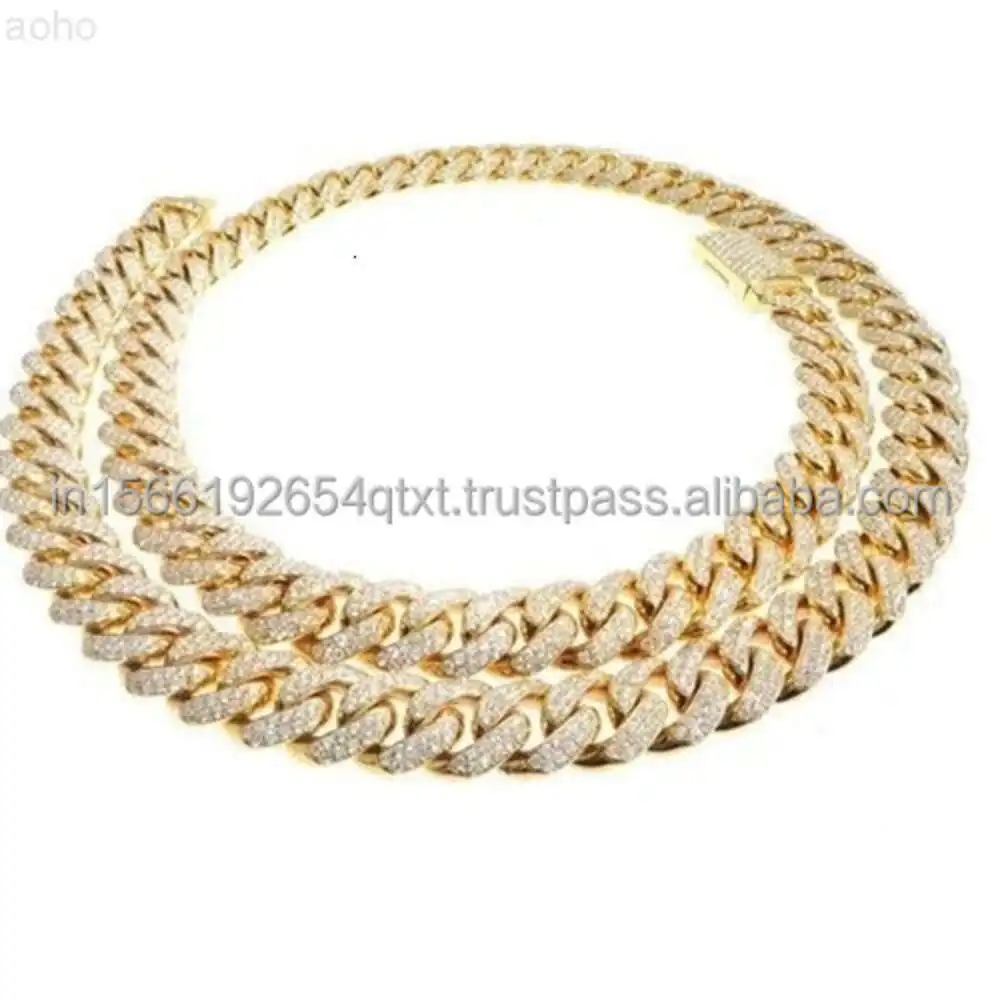 Product of 14k Yellow Gold Vvs d Moissanite Diamond 12mm 18 to 24 Inches Miami Cuban Link Chain for Unisex From India