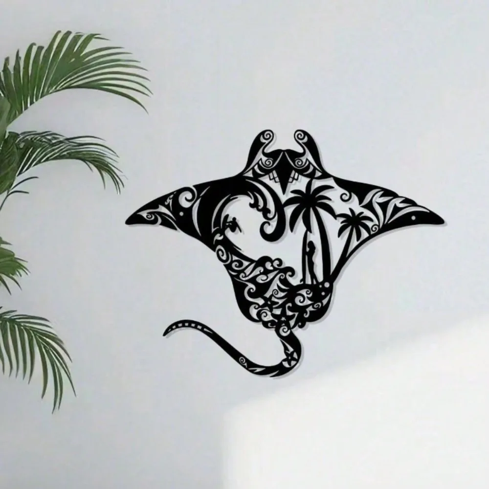 Encantadora arte de pared de Manta Ray de metal, decoración de playa con encanto costero - Tabla de surf, ondas, siluetas de estrellas de mar y palmeras - Esculturas de pared