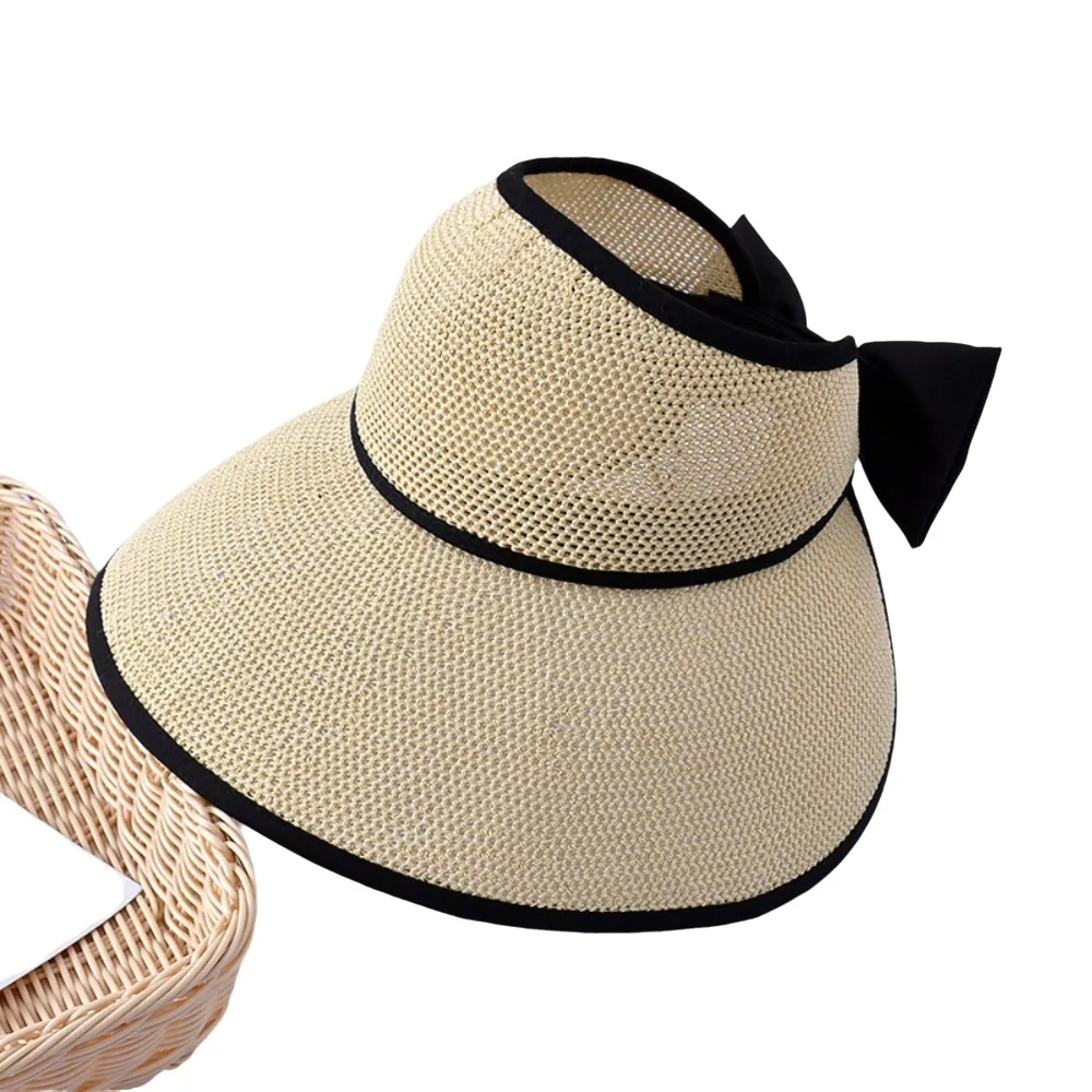 

Trendy Bow Woven Empty Top Cap Straw Plaited Wide Brim Wide Brim Bucket Hat Sunscreen Visor Hat Hollow Straw Hat Seaside
