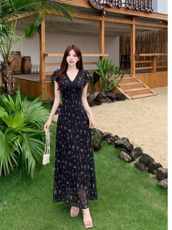 

plus Size Women's Summer Floral Lace off Shoulder Dress Cover Belly Long Skirt Korean Style Commute Wind Short Sleeve V Neck