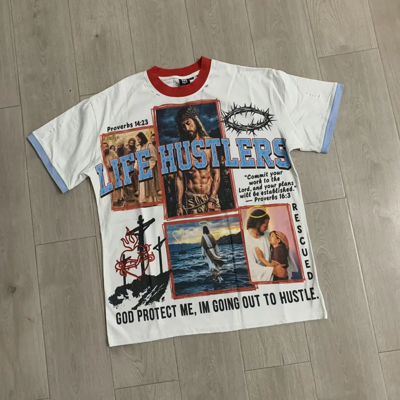 2027 Quality Tee Jesus Figure Fashion Trend Brand Hot Stamping Splicing Grinding Edge Hole Breaking Life Hustlers T-shirts