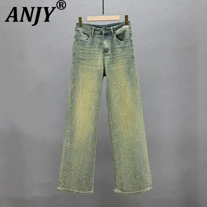 

ANJY Autumn New Woman Elegant Chic Ins Jeans Vintage Distressed Heavy Craft Studded Colorful Diamonds Denim Straight Pants A8537