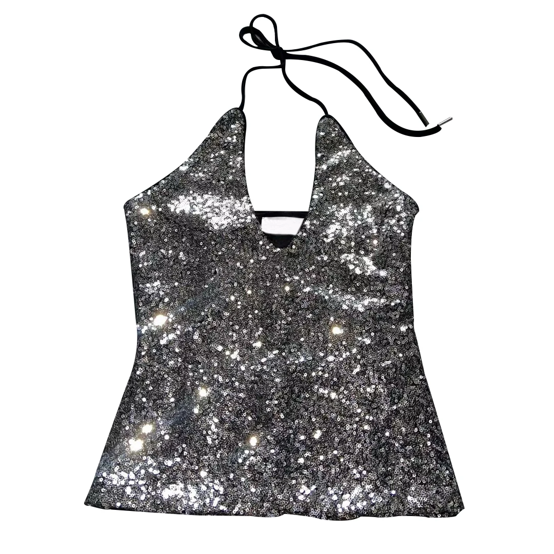 NIGO Women's Spring/Summer Sexy Silver Sequin Embellished Neck Top Sleeveless Sling Tank Top Ngvp #nigo8267