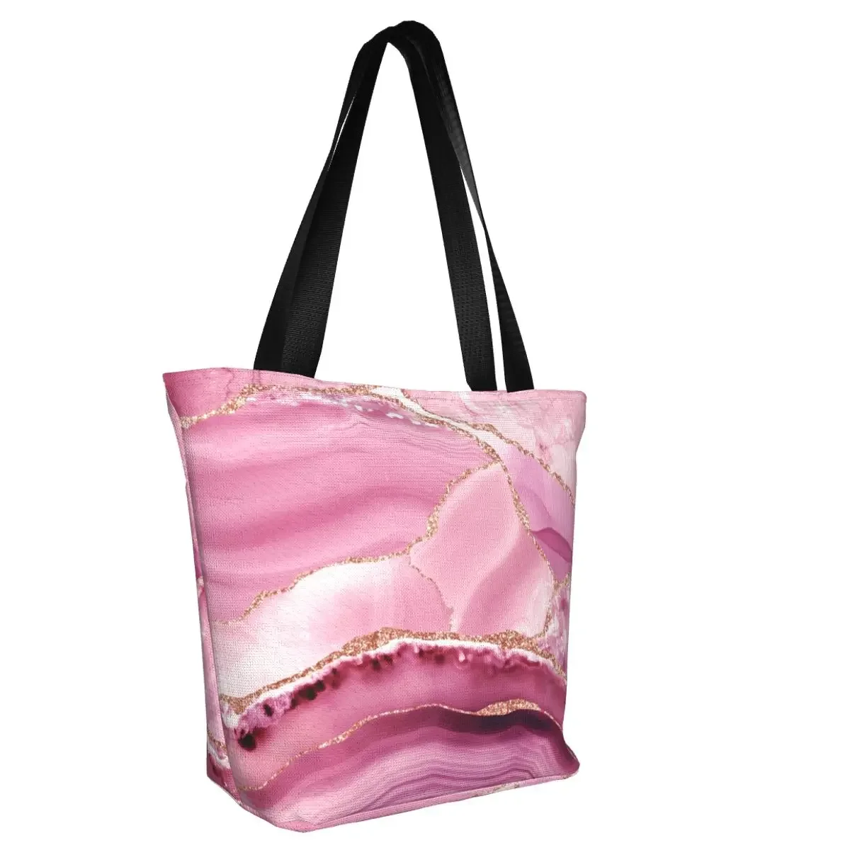 Sacola de compras de supermercado mármore rosa e ouro, elegante lona abstrata moderna Gemstone, Shoulder Shopper Bag, Bolsa de grande capacidade