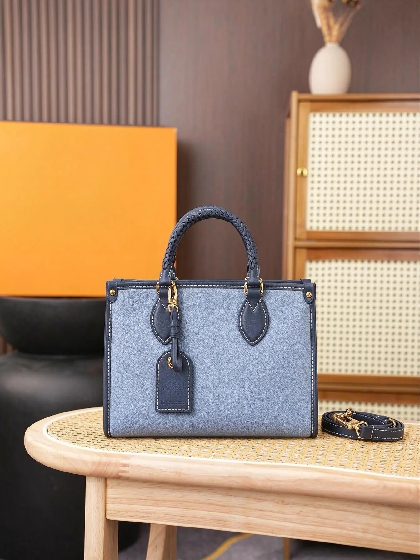 Blue Color Block Vintage Tote Handbag for Women, Braided Top Handle with Luggage Tag, Detachable Long Strap Contrast Leather Trim Shoulder Crossbody Purse