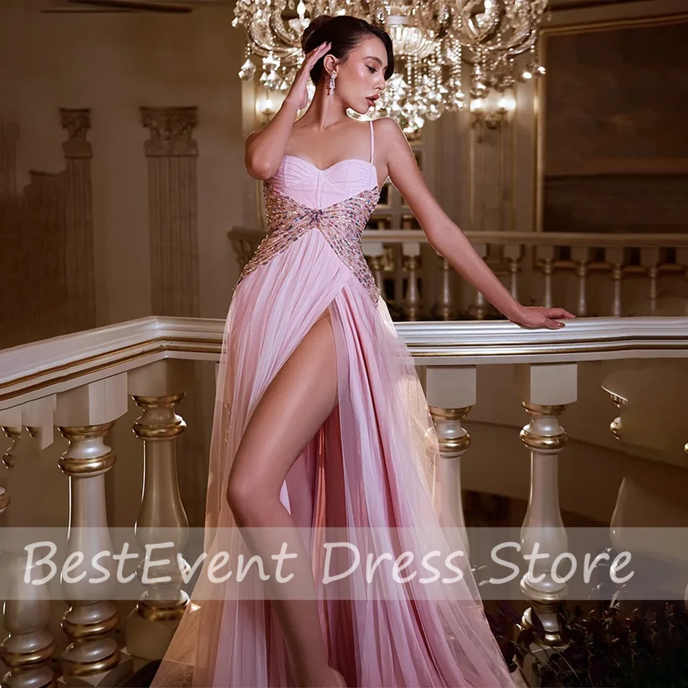 

Sparkly Spaghetti Straps Pink Tulle A-line Prom Party Dress Side Slit Backless Evening Gown with Sequins Vestidos de novia