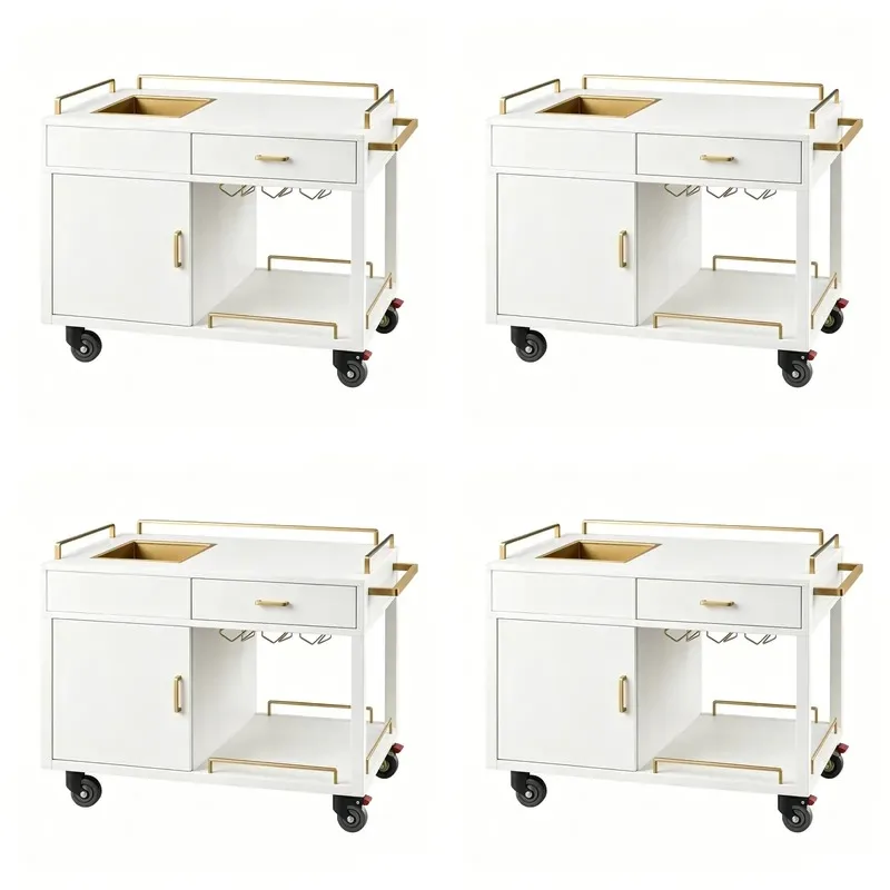 Modern White and Rose Gold Bar Cart with Glass Rack Four Wheels Multipurpose Drink Trolley for Restaurant Hotel Home