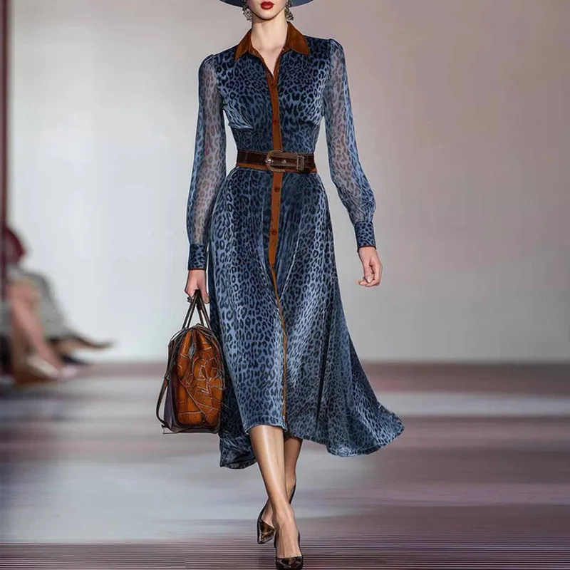 Sukienka imprezowa z siateczki w panterkę, patchworkowa, damska, zapinana na guziki, z kołnierzykiem, jesienno-zimowa, z długim rękawem, w stylu vintage, o kroju litery A.