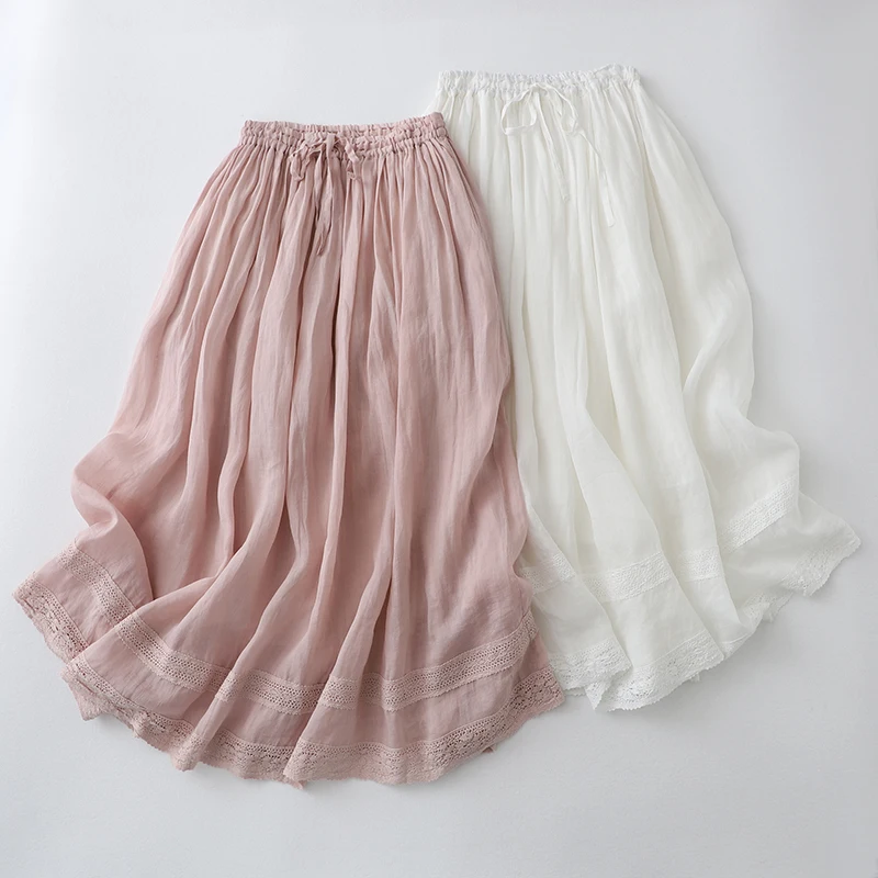 

Artistic Linen f Skirt A-Line Double Layer Pleated Long Skirt Fairy T Sle Women's Faion Summer Season Product