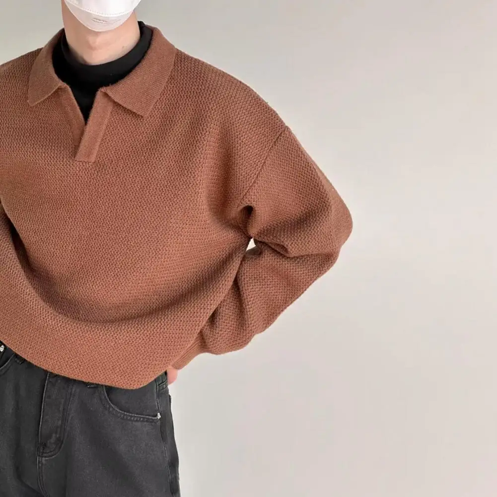 Men Lapel Knitted Sweater Jumper Pullover Sweater Old Money Oversize Pullovers Autumn Winter Khaki Tops Streetwear