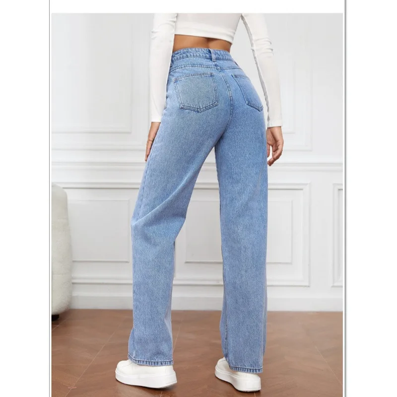 Jeans a gamba larga a vita alta da donna, vestibilità ampia, vestibilità ampia, taglio dritto, pantaloni da pendolarismo, pantaloni skinny in denim casual