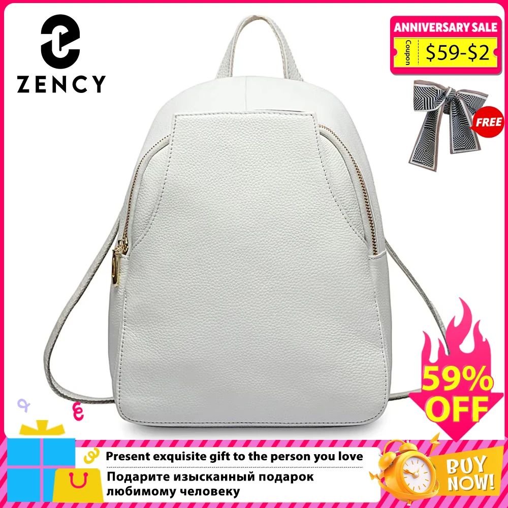 

Zency Women's Genuine Leather White Backpack Ladies Fashion Travel Bags Daily Holiday Knapsack Preppy Style Girl's Schoolbags