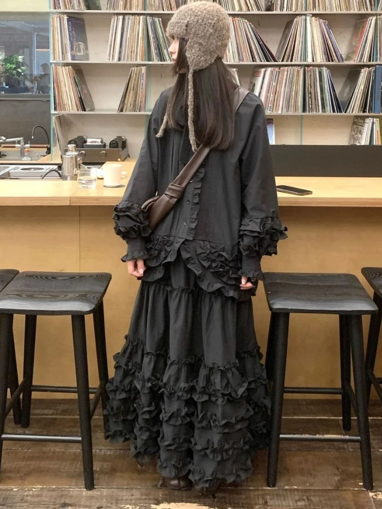 Japanese Designer Vintage Grey Loose Patchwork Long Skirt Women 2026 Hepburn Casual New Gothic Hot Girl High-waist Dark Skirt