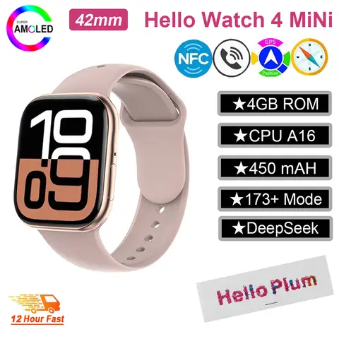 Hello Watch 4 Mini SmartWatch Original 2025 Series10 DeepSeek AMOLED 4G ROM NFC GPT Compass Bluetooth Call Clock Men Women Watch