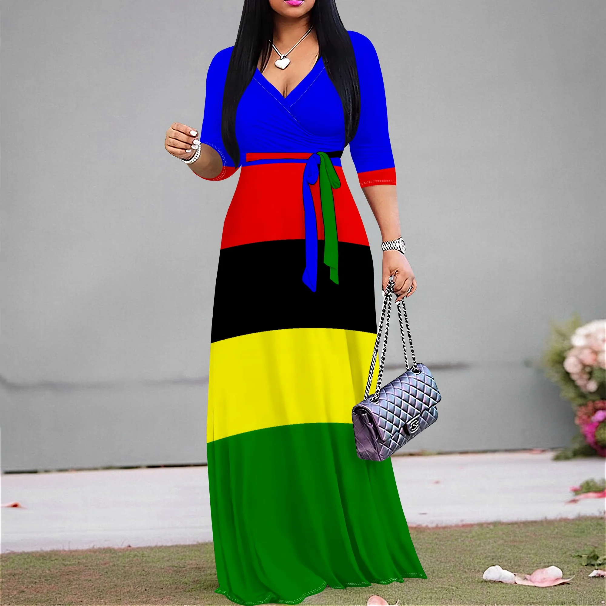 

Rainbow Colorblock Maxi Dress S‑3XL V‑Neck Wrap Style with Belt & 3/4 Sleeves for Pride Parade, Afro Fest or Summer Party