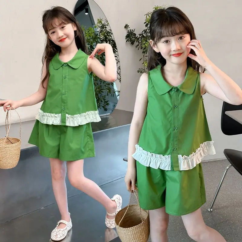 فتاة الملابس 10 إلى 12 سنة مجموعات الصيف الكورية الاطفال فستان الطفل الابتدائية جرلي جونيور أعلى وأسفل مجموعة تي شيرت للفتيات 8 4