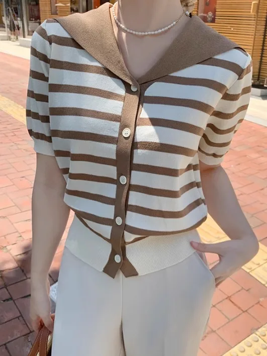 Women's Knitted Stripe Loose ort Sve Navy Collar Sweet Versatile Open Cardigan Top Color Blo Slimming Effectiven