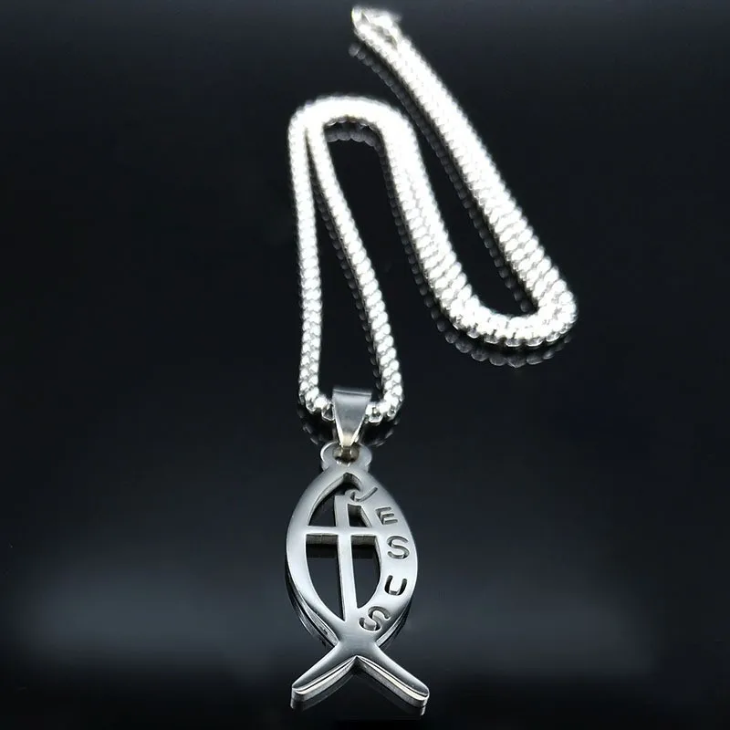 Ichthys Jesus Fish Cross Christ God Pendant Necklace for Women Men Stainless Steel Gold Sliver Color Christian Chain Jewelry