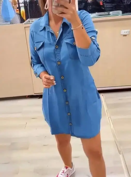 여성용 솔리드 컬러 라펠 버튼 프론트 데님 셔츠 드레스, 패셔너블하고 캐주얼한, 루즈 포켓, 긴 소매 데님 드레스