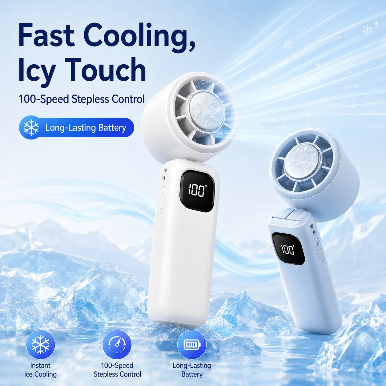 Portable Ice Cooling Handheld Fan 4000mAh, 100 Level Stepless Control, Foldable Design for Neck Hanging, Travel and Desktop