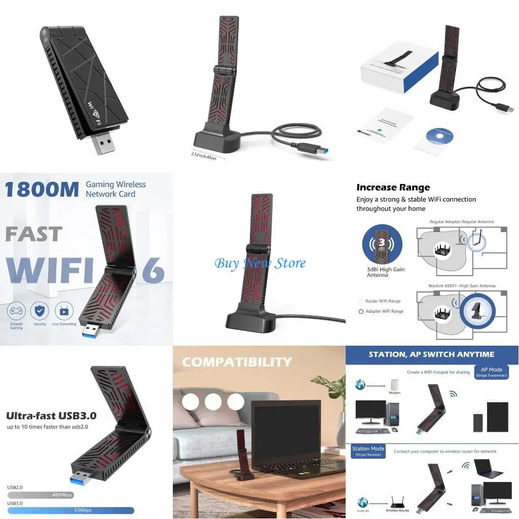 

20CE AX1800 WIFI Card 2.4+5Ghz USB3.0 Wirelessly Networking Adapters Adopt Highly Speed 1800M for Desktops