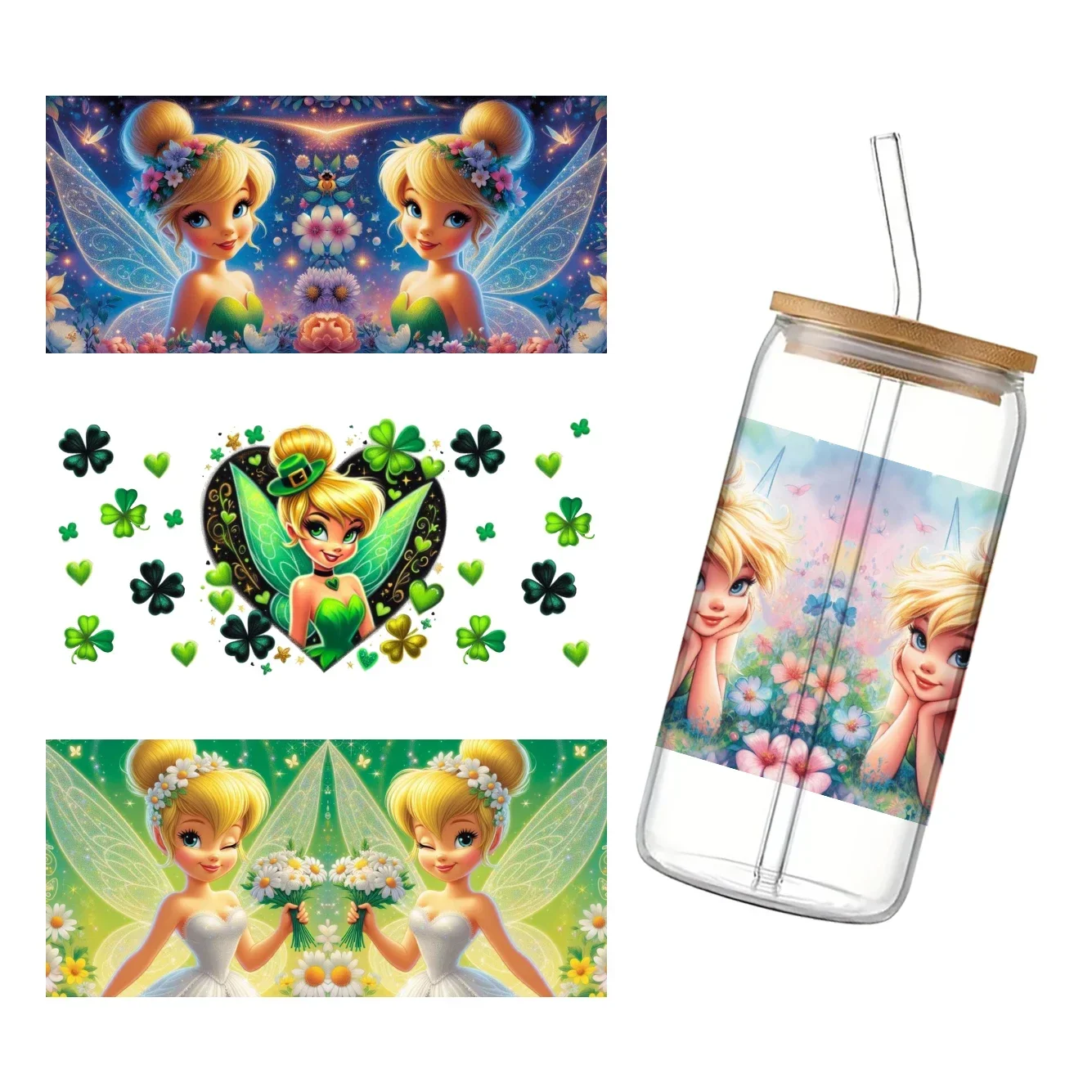 Disney princesa tinker bell 11x24cm uv dtf envolve adesivo de transferência diy para copo de vidro de 16oz decalques à prova dwaterproof água adesivo de copo de café