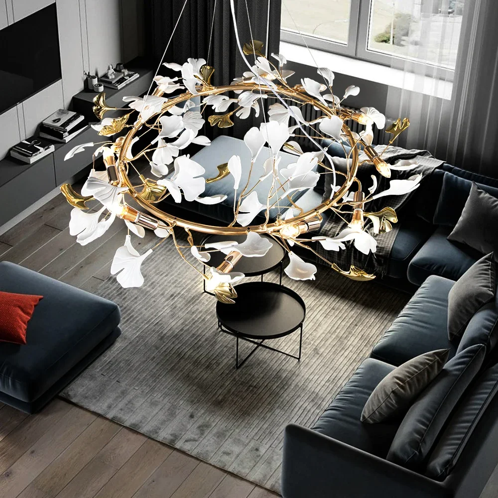 Modern Tree Branch Crystal Chandelier For Dining Living Room Bedroom Kitchen Bar Ginkgo Leaf Gold Round Hanging Chandelier Light