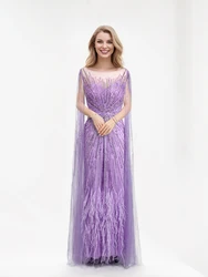 BLISSFUL PROM Opulent Glamour Feather and Rhinestone Embellished Cape Sleeves Boat Neck Evening Dress For Prom Wedding Party